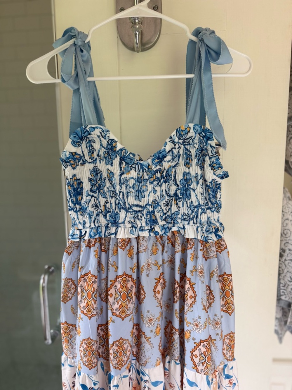 Blue & White Tiered Maxi Dress with Floral Print Bow Shoulder - Picture 2 of 6